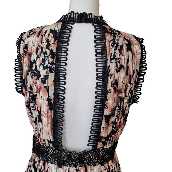 Foxiedox Pleated Floral Lace Trim Mini Dress Pink Black Size L NWT - Picture 4 of 8